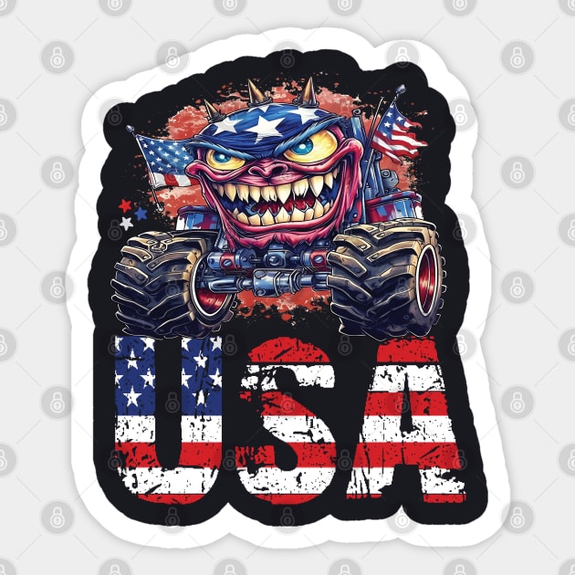 USA Monster Truck American Flag 4th July Men Boys Girls Race Sticker by Envision Styles